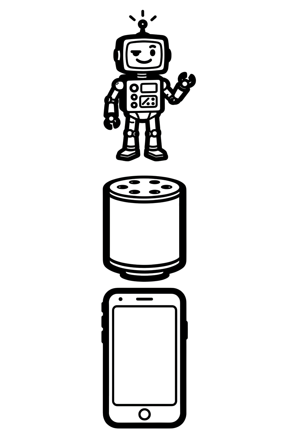 A robot, a smart speaker, and a smartphone in a stack