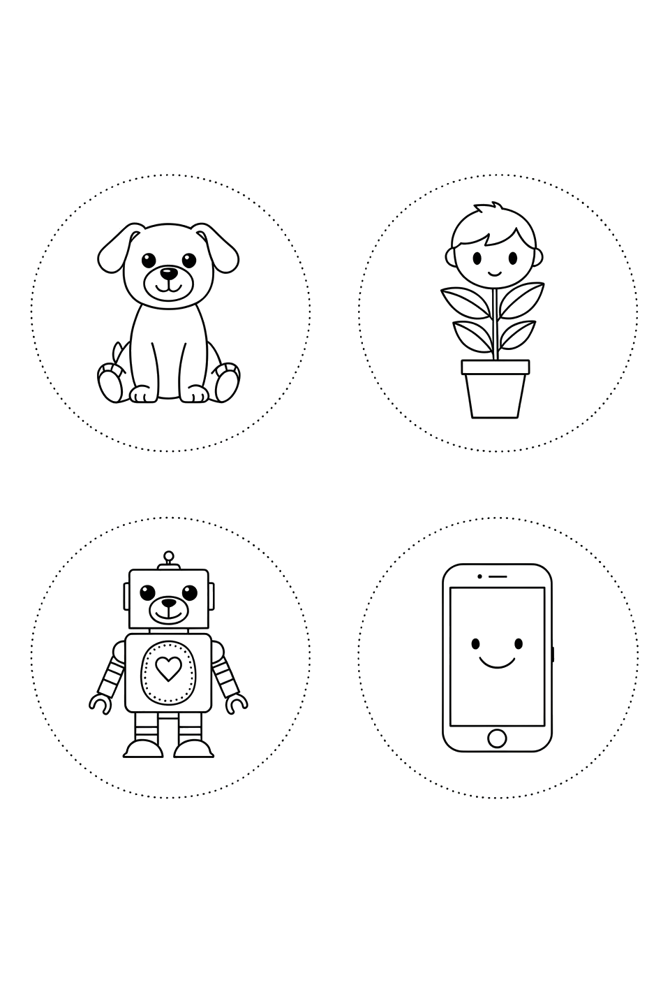 A 2×3 grid: dog, plant, child, teddy bear, robot, phone