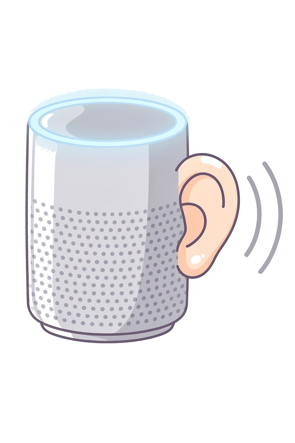 A smart speaker with a giant cartoon ear and sound waves