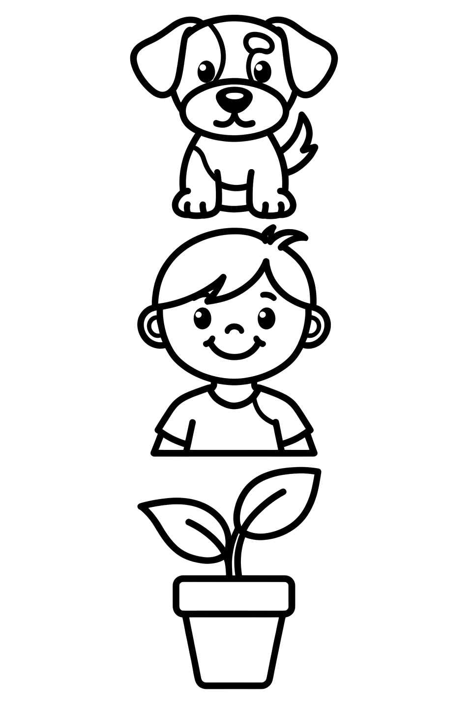 A dog, a child, and a plant in a stack