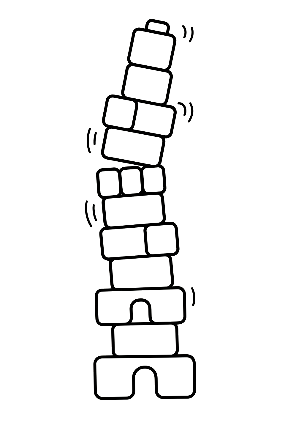 A tall wobbly stack of blocks