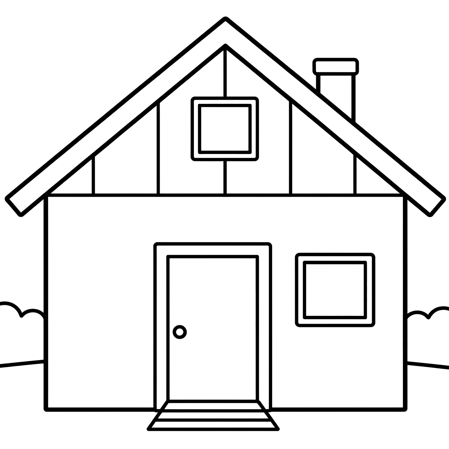 A simple house with peaked roof, door, window, chimney