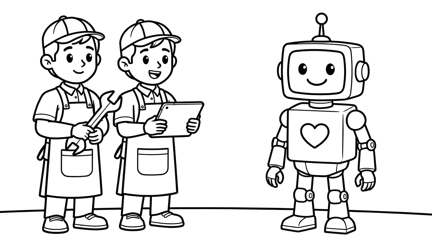 Two engineers in aprons with a wrench and tablet, beside Beep
