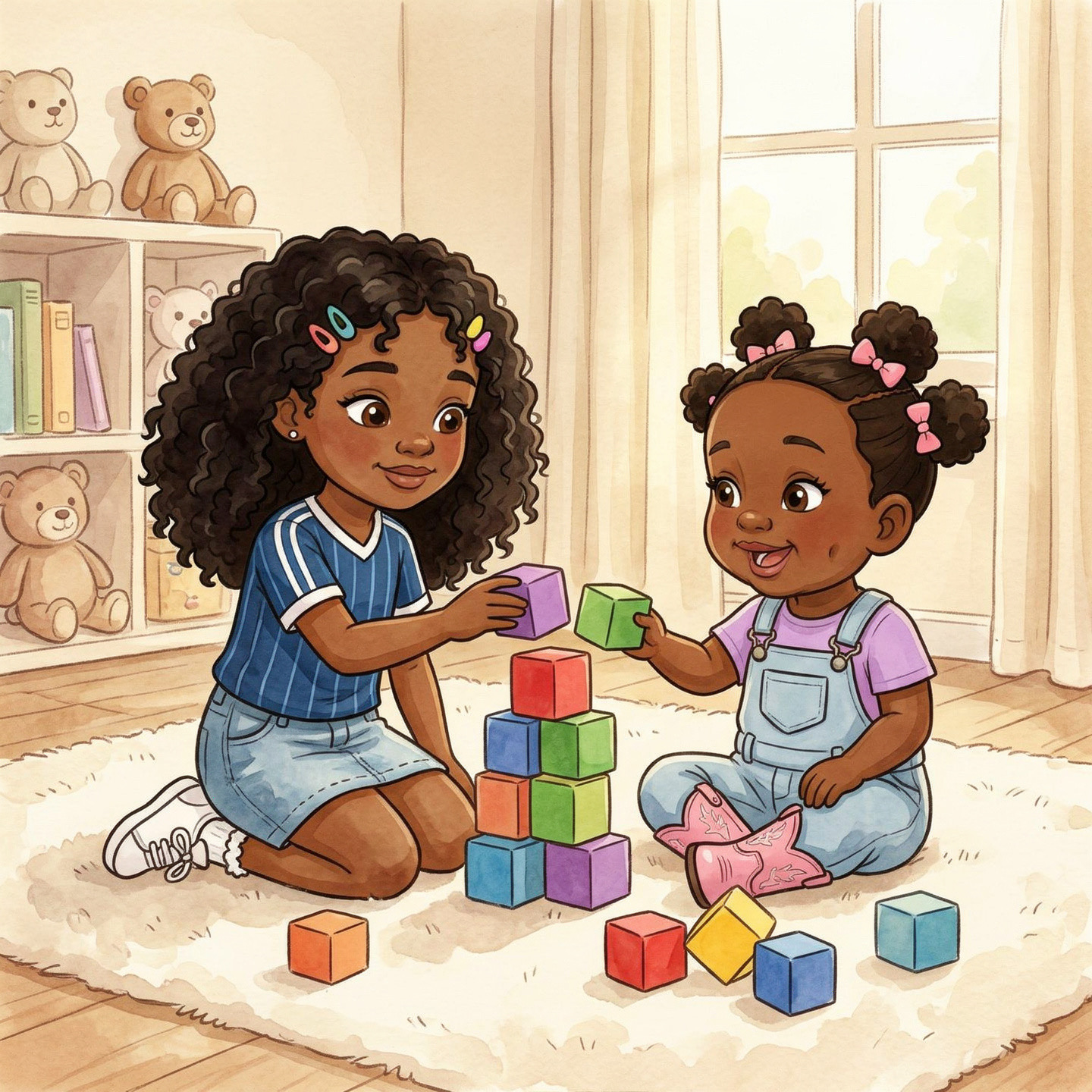 Kamsi and Samara rebuilding a block tower