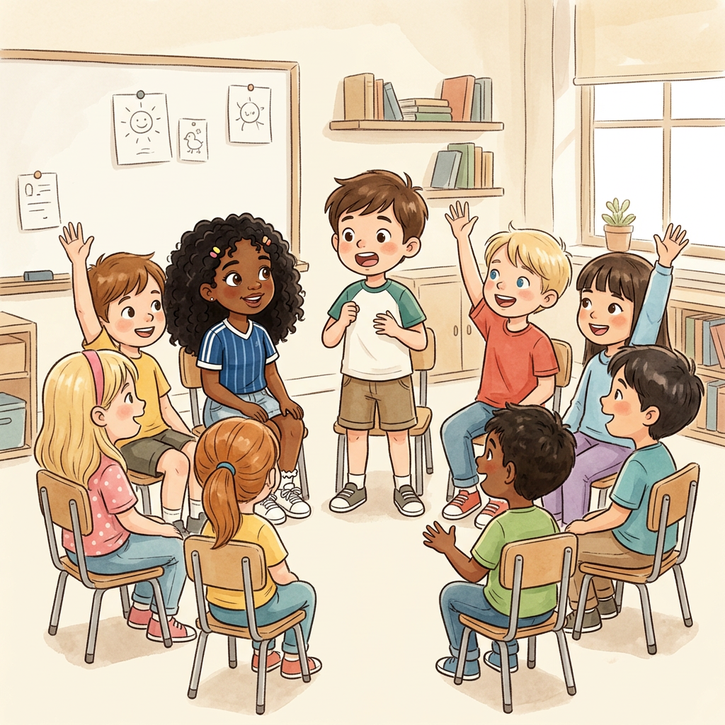 Kids in a class meeting raising hands
