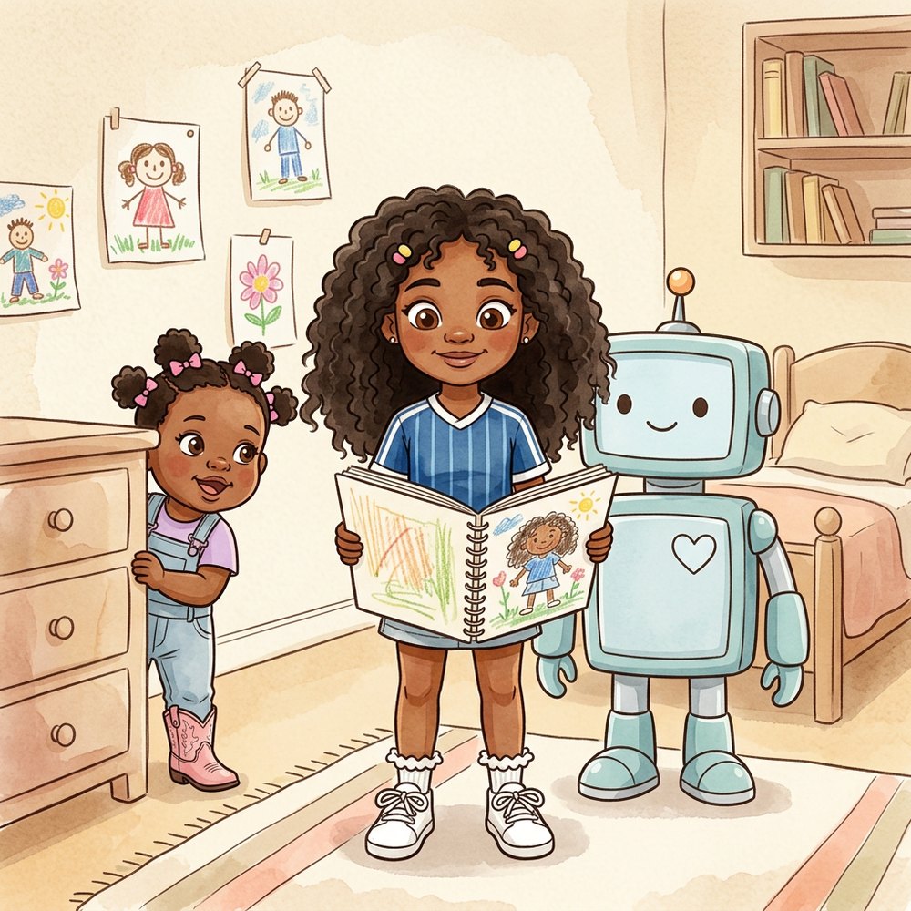 Kamsi Learns to Read activity book cover, featuring Kamsi holding her Why Book with Beep the robot and her little sister Samara.