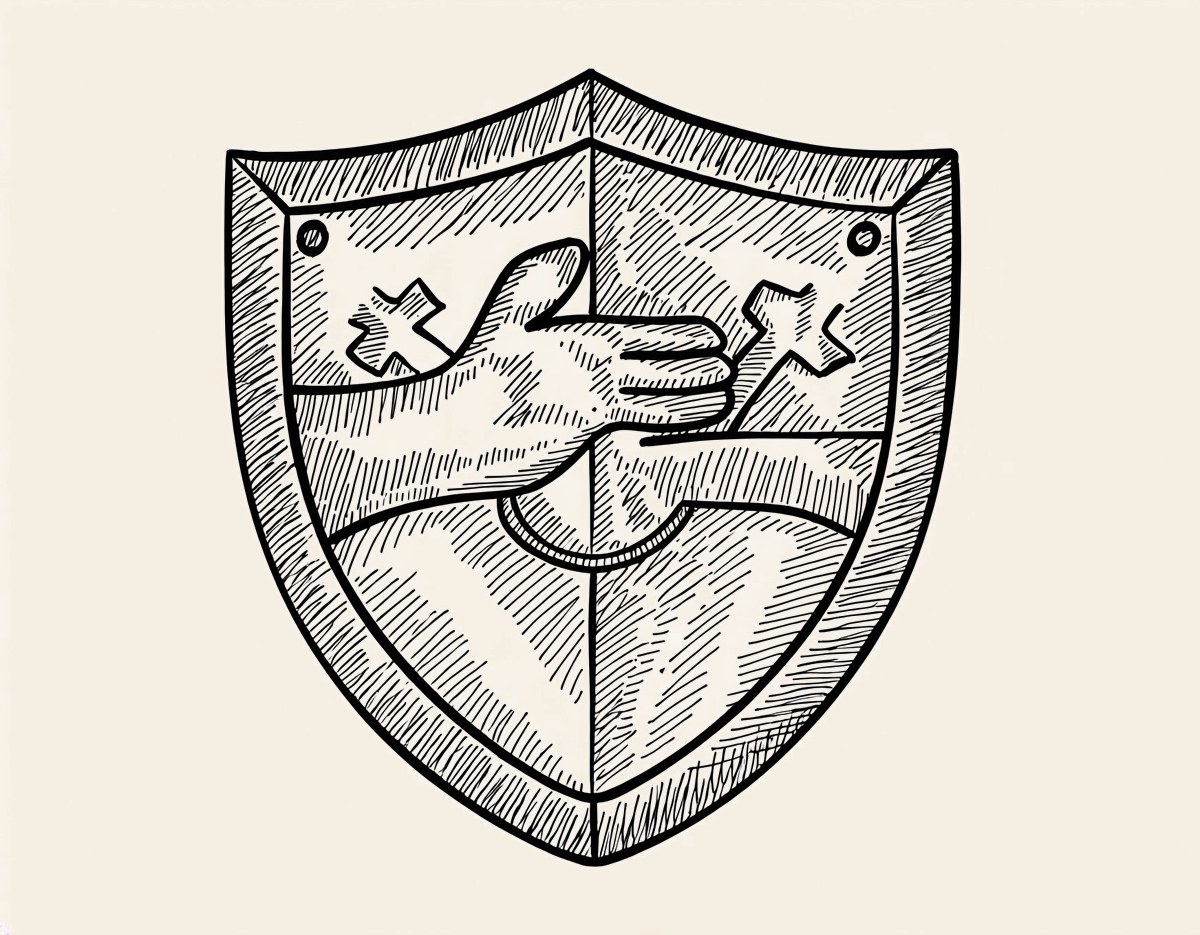Shield with hand reaching across, X marks at edges