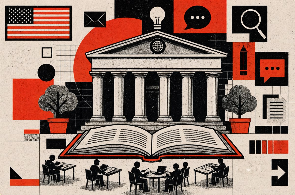Courthouse and open book surrounded by civic-objects collage