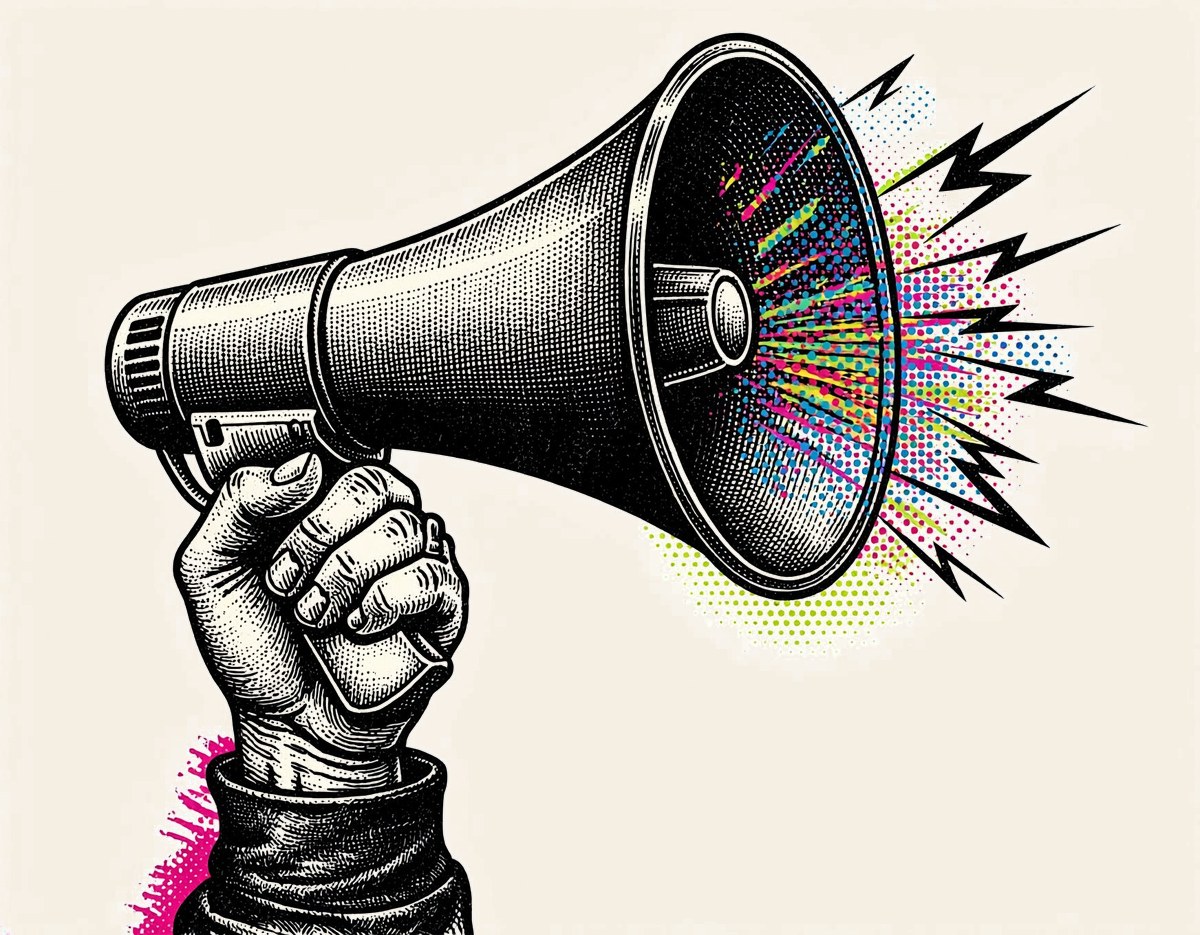 Fist gripping a megaphone with halftone burst