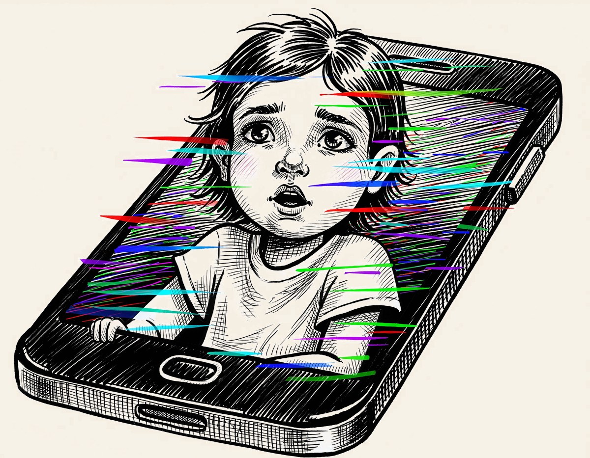 Child illustrated inside a phone screen with color streaks