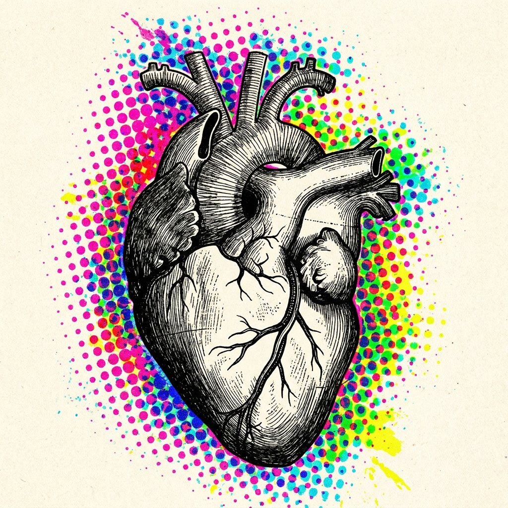 Anatomical heart with multicolor halftone burst