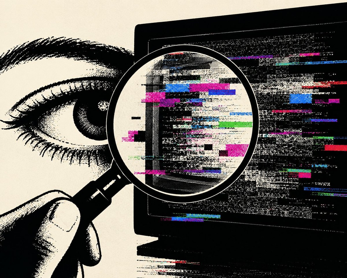 Eye and magnifying glass examining a glitched screen